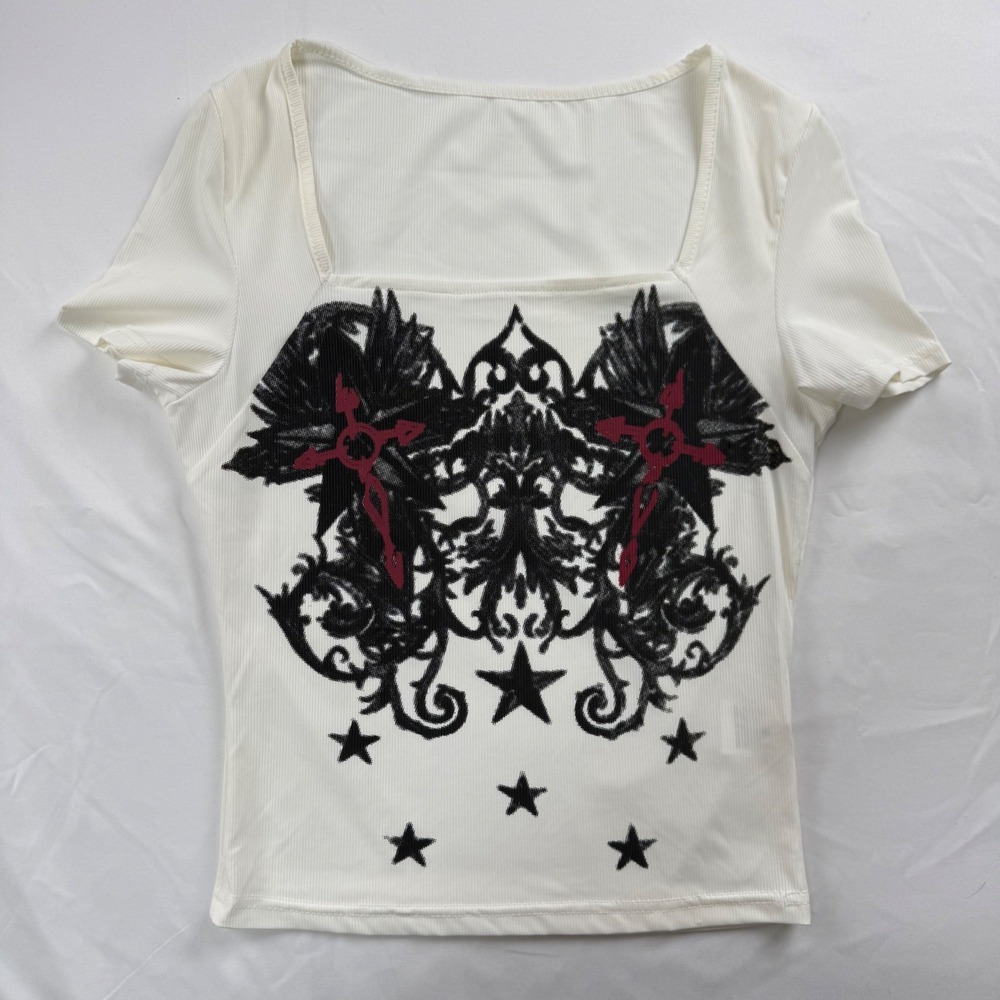Women White Ribbed Gothic Graphic Square Neck Short Sleeve Top Size M Mall Y2K